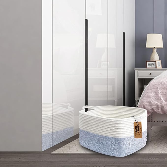 COMFY-HOMI Cotton Rope Woven Basket with Handles for shelf，Toy, Book, Cloth Storage Basket for Organizing-13.5"X11"X9.5" Storage Bin for Living Room, Newborn or Infant Gift for boy girl （White/blue）-CubbioJoy