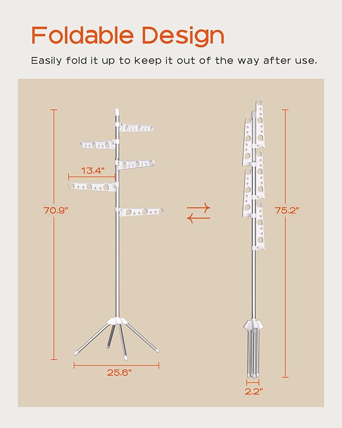 Clothes Drying Rack Foldable, 70.9 inch Tripod Drying Rack for 35 Pieces of Clothes, with Height-Adjustable Rotatable Clothes Rails, Space Saving, Stainless Steel, White and Silver CDR005W01-CubbioJoy