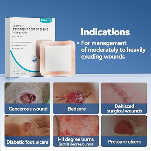 Dimora Silicone Super Absorbent Wound Dressings - Gentle Adhesive Bandages with Ultrasorb Polymer,Heavy Exudate Wound Care Pads 6"X 6" 10 Packs-CubbioJoy