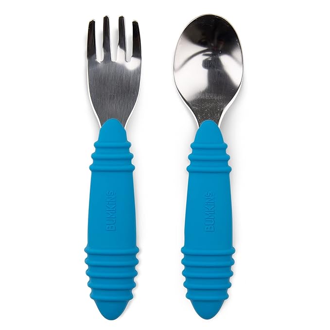 Bumkins Toddler Utensils, Kids Size Fork and Spoon Set, Silicone and Stainless-Steel Training Silverware, Angled Forks / Sporks for Self-Feeding, Children Hold Learning to Eat, 18 Mos Up, Dark Blue-CubbioJoy