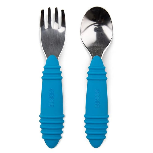 Bumkins Toddler Utensils, Kids Size Fork and Spoon Set, Silicone and Stainless-Steel Training Silverware, Angled Forks / Sporks for Self-Feeding, Children Hold Learning to Eat, 18 Mos Up, Dark Blue-CubbioJoy