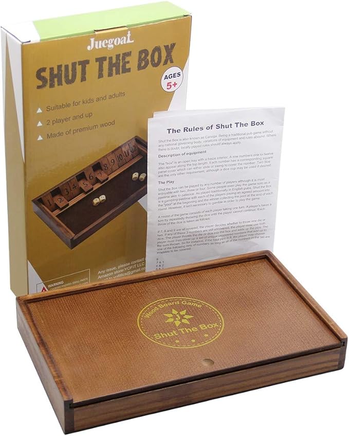 Juegoal Shut The Box Wooden Board Dice Game with 12 Numbers and Lid for Kids Adults Families, 2 Players and Up-CubbioJoy