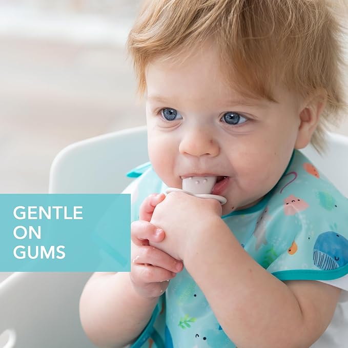 Bumkins Baby Utensils Set, Chewtensils Silicone Spoons for Dipping, Self-Feeding, Baby Led Weaning, Trainer Learning, First Stage Eating, Soft Practice Fork and Spoon, Babies 6 Months, Sand Beige-CubbioJoy