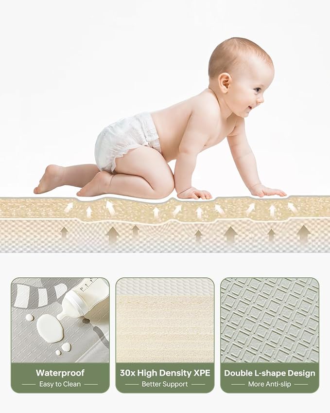 Baby Floor Play Mat 47"x47" Baby Playpen Mat, Foldable Baby Girl Playmat, Reversible Waterproof Foam Play Mats for Baby, 0.4 inch Crawling Baby Mat for 50" X 50" & 47"x47" Playpen(47*47*0.4)-CubbioJoy