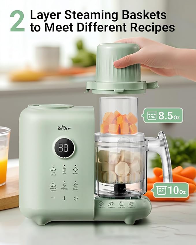 Bear Baby Food Maker with Two Layer Steam Baskets, Multifunction Baby Food Processor Steamer Puree Blender, Baby Food Mill with Bottle Warming Sterili-zing Auto Cleaning Function, BPA-Free-CubbioJoy