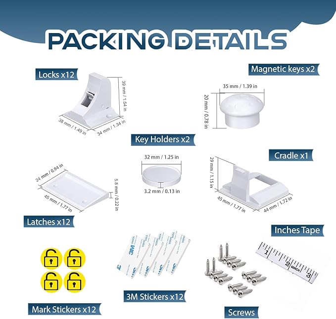 Blessimo® 12 Pack Magnetic Cabinet Locks Baby Proofing with 12 locks and 2 Keys - Child Locks For Kitchen, Cabinets and Drawers - 3M Adhesive Easy Installation-CubbioJoy