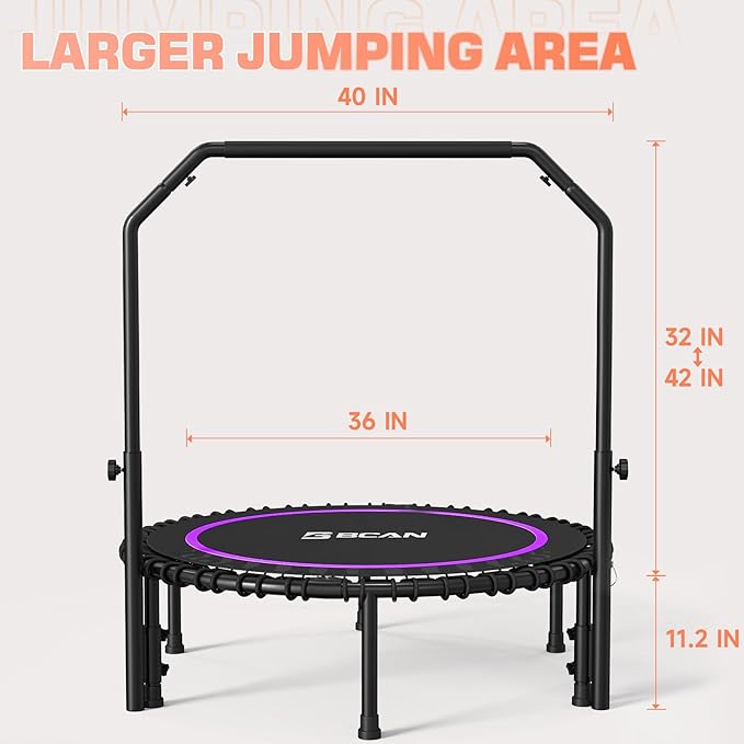 BCAN 40"/48" Mini Rebounder Trampoline for Adults with Bar, 450/550LBS Fitness Trampoline with Bungees, Adjustable Handle, Stable & Quiet, Indoor Outdoor, Whole-Body Workout & Relaxation at Home-CubbioJoy