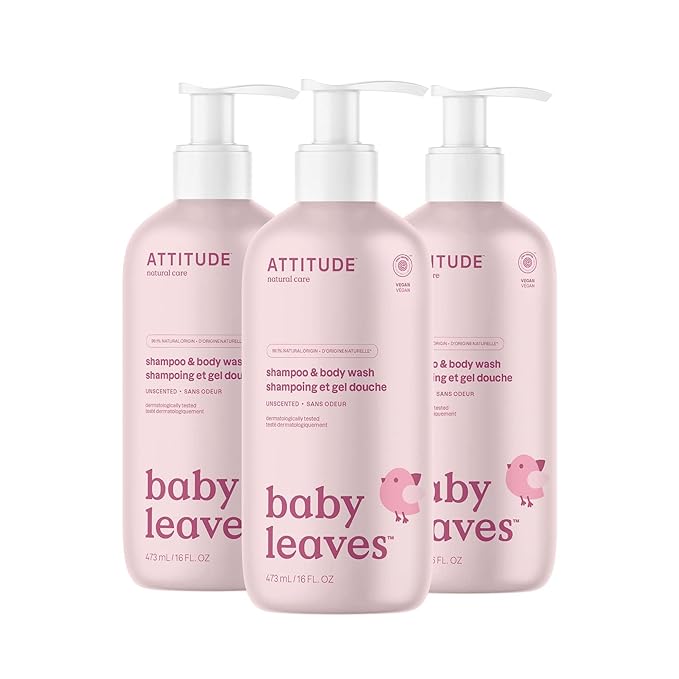 ATTITUDE 2-in-1 Shampoo and Body Wash for Baby, EWG Verified, Dermatologically Tested, Vegan, Unscented, 16 Fl Oz (Pack of 3)-CubbioJoy