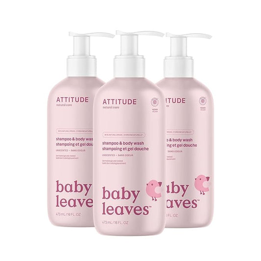 ATTITUDE 2-in-1 Shampoo and Body Wash for Baby, EWG Verified, Dermatologically Tested, Vegan, Unscented, 16 Fl Oz (Pack of 3)-CubbioJoy