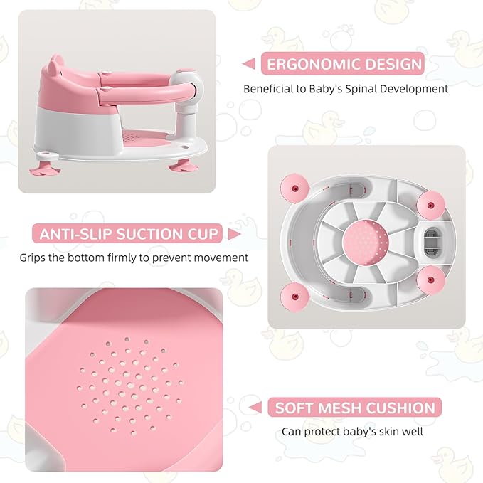 Baby Bath Seat for Babies 6 Months & up, Non-Slip Toddler Bath Seats for Babies Sitting Up, Safe Infant & Newborn Bathtub Chair with 4 Suction Cups & Soft Cushion for Shower,Pink-CubbioJoy