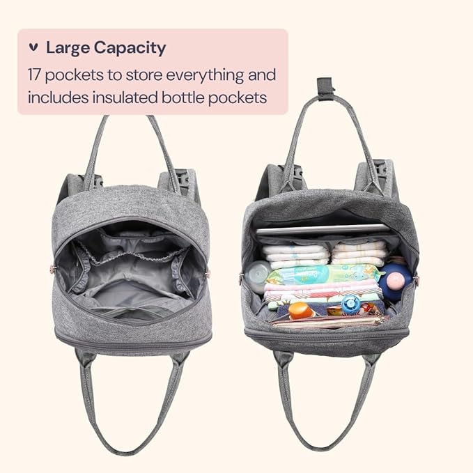 BabbleRoo Diaper Bag Backpack - Baby Essentials Travel Tote - Multi Function Waterproof Diaper Bag, Travel Essentials Baby Bag with Changing Pad, Stroller Straps & Pacifier Case - Unisex, Light Gray-CubbioJoy