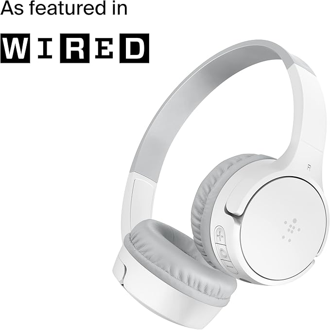 Belkin SoundForm Mini - Wireless Bluetooth Headphones for Kids with 30H Battery Life, 85dB Safe Volume Limit, Built-in Microphone - Kids On-Ear Earphones for iPhone, iPad, Fire Tablet & More - White-CubbioJoy