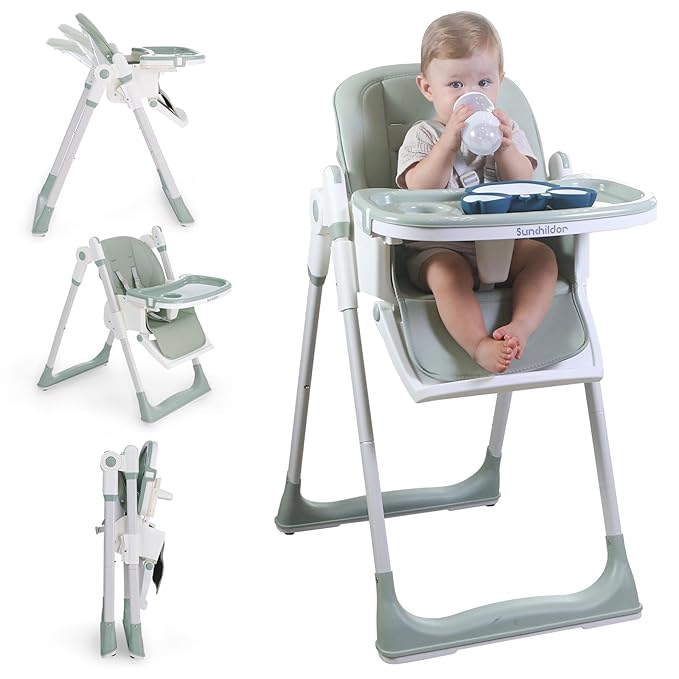 3 in 1 Baby High Chair with Wheels, Adjustable 5 Point Harness, Tray, Foot Rest, Backrest and Seat Height, Foldable High Chair for Toddlers, Green-CubbioJoy