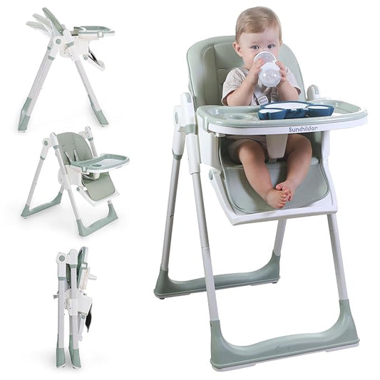 3 in 1 Baby High Chair with Wheels, Adjustable 5 Point Harness, Tray, Foot Rest, Backrest and Seat Height, Foldable High Chair for Toddlers, Green-CubbioJoy