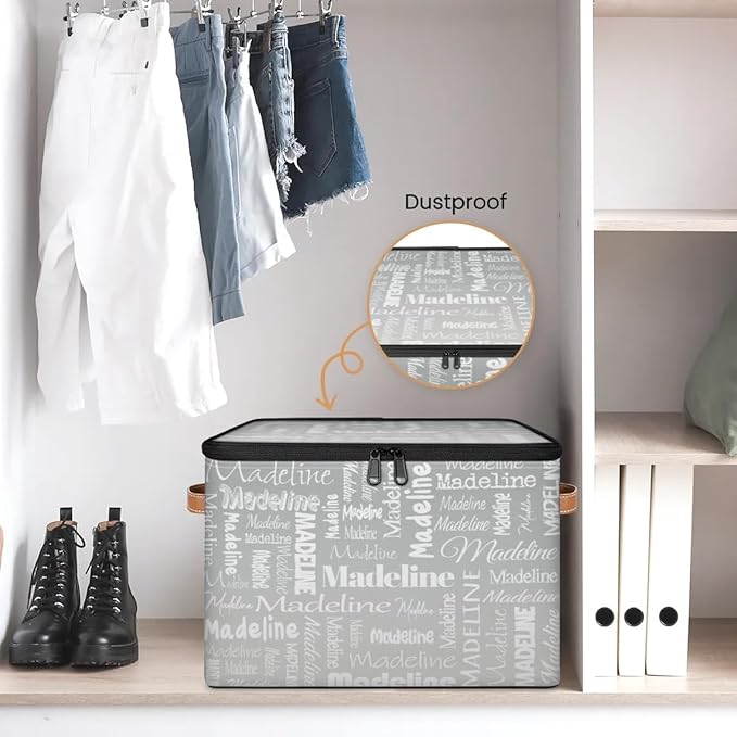 Custom Storage Basket with Name, Personalized Storage Bins with Zipper Lid, Foldable Fabric Storage Box Large capacity with Handle Grey-CubbioJoy