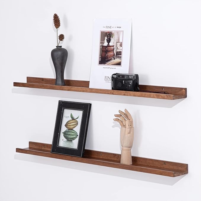 36 Inch Picture Ledge Shelf Rustic Wall Mount Light Walnut Long Narrow Picture Shelves Storage for Books Toys Music Albums Green Plants-Photo Ledge Shelf Set of 3 Mounting Hardware Include-CubbioJoy