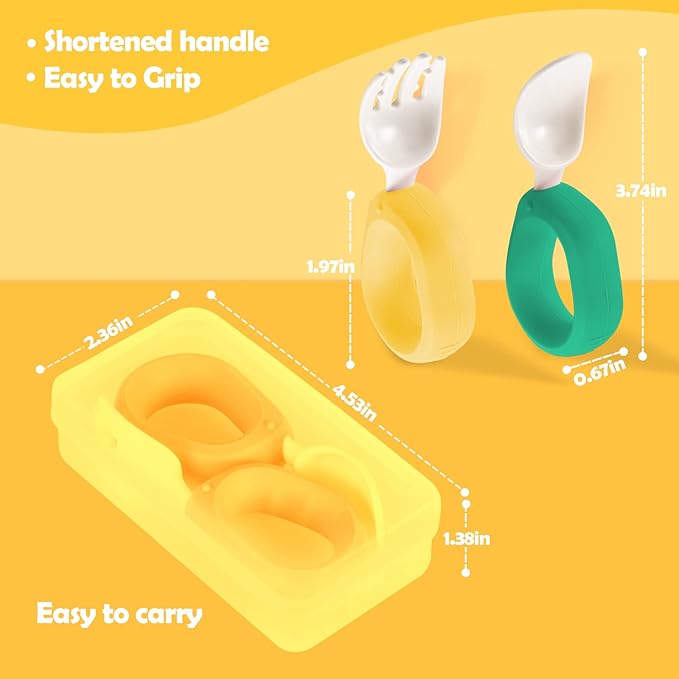 Baby Self Feeding Training Spoon and Fork Set with Travel Case, BPA-Free Cute Circle Toddler Training Utensils, Silicone/ABS Great Tableware Set Spoons Fork for Kids(Deep Green & Light Yellow)-CubbioJoy