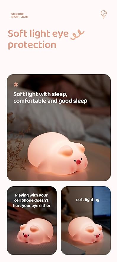 ATSUI Pig Night Light for Kids, Food Grade Silicone, Rechargeable, Tap Fun Kawaii Lamp for Kids Room, Adjustable Brightness, Cute Stuff for Boys Girls, Cute Gifts for Baby Children-CubbioJoy