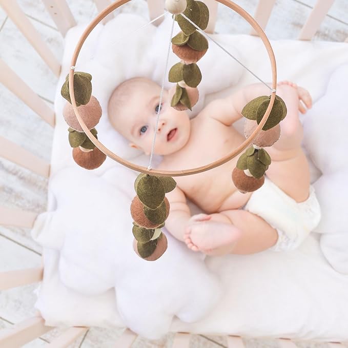 Baby Mobile for Crib,Crib Mobile for Boys Girls, Soft Crib Toys Hanging，Baby Mobile for Bassinet，Boho Nursery Decor Neutral（Mushroom，Leaves,Cotton）-CubbioJoy