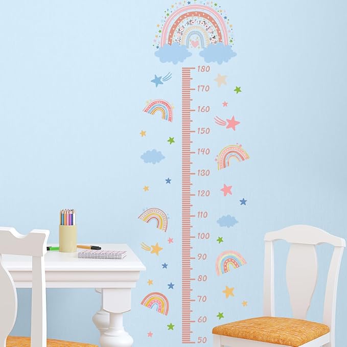 3D Cartoon Height Growth Chart for Kids - Removable DIY Pink Rainbow Wall Decal Peel and Stick Stars and White Clouds Wall Art Decor for Kids Nursery, Bedroom, Bathroom-CubbioJoy