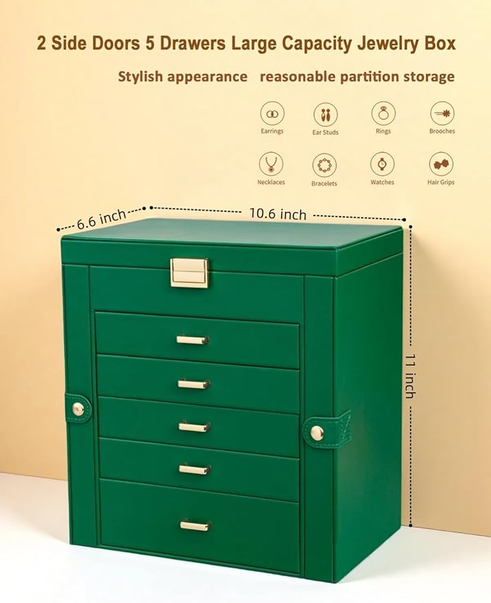 BOOVO Jewelry Box For women, 6 Layer Large Jewelry Organizer With Mirror, Multi-Function Storage Box With Lock, Necklace Holder With 5 Drawers, For Earrings Necklace Bracelet (Green and Gold)-CubbioJoy