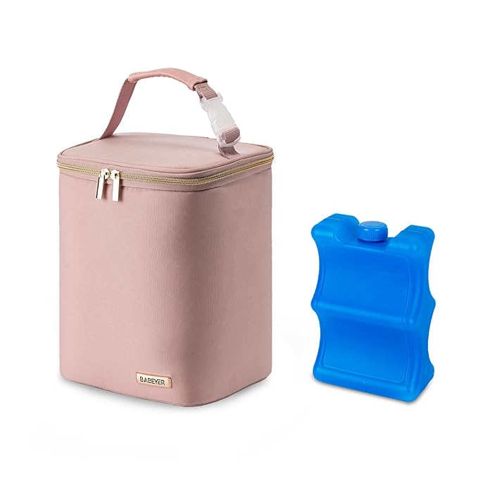 Breast Milk Cooler Bag with Ice Pack Fits 4 Baby Bottles Up to 9 Ounce, Baby Bottle Bag for Nursing Mom Daycare, Pink-CubbioJoy