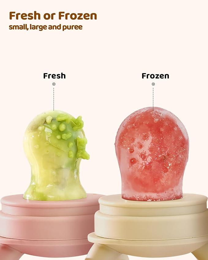2 Packs Baby Fruit Feeder & Freezer Nibble Tray Combo, Push Pop Baby Food Feeder to Safely Introduce New Foods, Fresh & Frozen Food Silicone Feeder, 100% Food Grade, BPA Free (Caramel & Pink)-CubbioJoy