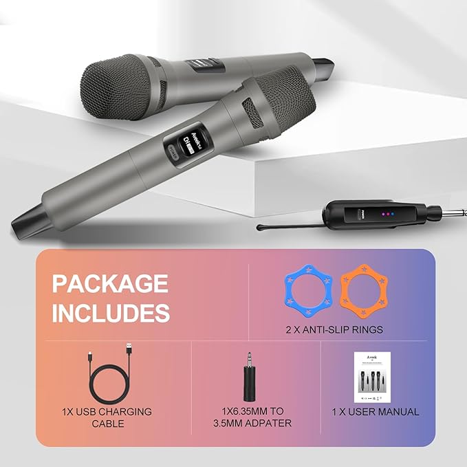 Aveek 2.4GHz Wireless Microphone System, Rechargeable Mics and Receiver, Plug & Play for Karaoke Machine, Party Speakers, Home Entertainment, Wedding & Events - Crystal Clear Sound, 100ft Range-CubbioJoy