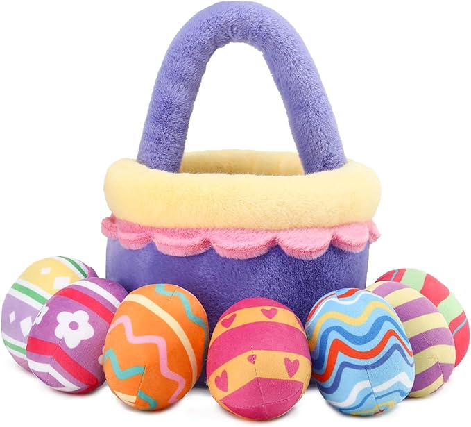 8 Piece Plush Stuffed Playset Toys with 7 Eggs, 1 Furry Bag, Soft Basket Set Sensory Toys for Girls Kids Ages 3+, Birthday Christmas Valentines Easter Party Favors Gifts-CubbioJoy