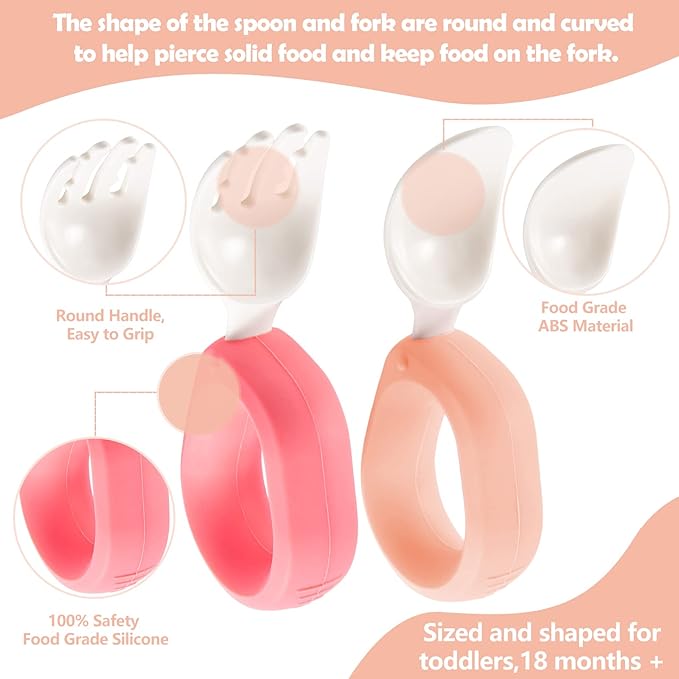 Baby Self Feeding Training Spoon and Fork Set with Travel Case, BPA-Free Cute Circle Toddler Training Utensils, Silicone/ABS Great Tableware Set Spoons Fork for Kids (Pink& Light Pink)-CubbioJoy