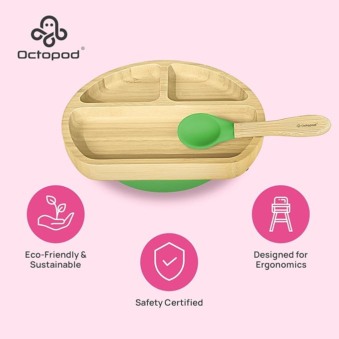 Abiie Octopod Bamboo Dish - Kids Plates for 4 months and up, 3-Compartment Baby Plates with Suction, Triangle Bamboo Baby Plate, Mess-Free Toddler Suction Plates, Baby Feeding Supplies, 8.3x1.9x7.7 in-CubbioJoy