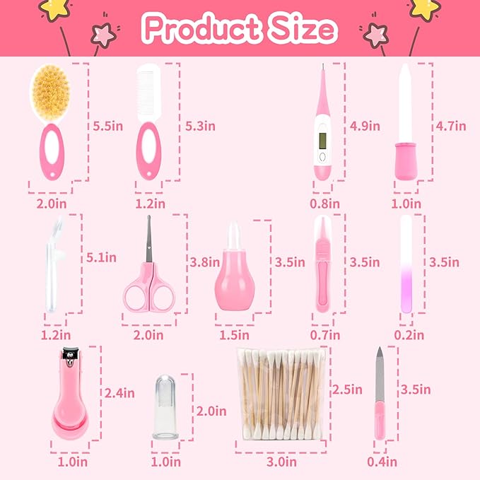 Baby Grooming Kit，Infant Safety Care Setwith Hair Brush Comb Nail Clipper Nasal Aspirator, Baby Essentials Kit for Newborn Girls Boys (14 PC-Pink Kit)-CubbioJoy