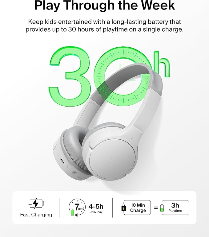 Belkin SoundForm Mini - Wireless Bluetooth Kids Headphones, 30H Battery, 85dB Safe Volume Limit, Built-in Microphone - Toddler On-Ear Earphones for iPhone, iPad, Fire Tablet, Ideal for School - White-CubbioJoy