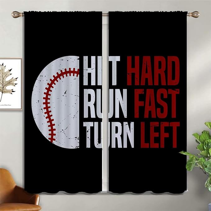 Baseball Blackout Curtains for Boy Girl Room Darkening Decor,Sport Theme Red and White Motto Dark Bedroom Living Room Home Rod Pocket Thermal Insulated Window Curtain/Drapes Panel,84x72 Inch…-CubbioJoy