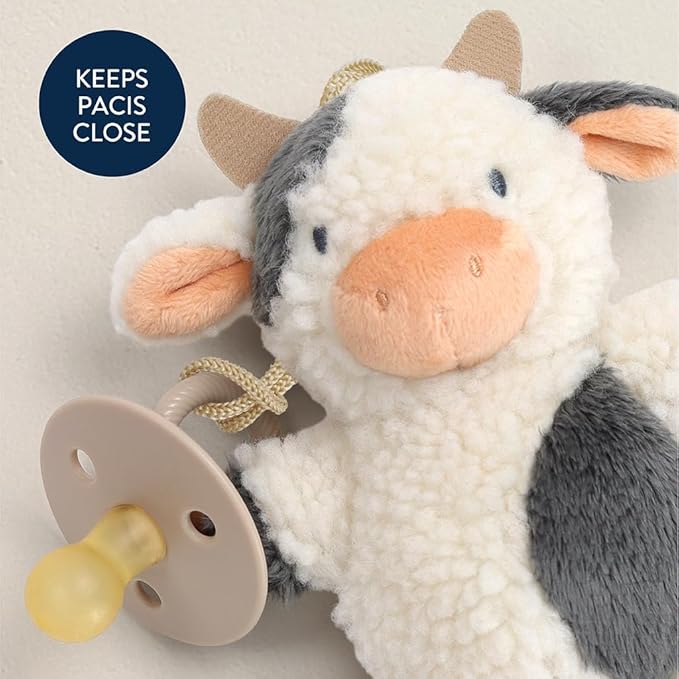Itzy Ritzy Pacifier & Lovey Set - Natural Rubber Pacifier with Stuffed Animal Lovey - Detachable Plush Cow Binky Holder & Coordinating Natural Rubber Binky, Ideal for Ages 0-6 Months (Cow)-CubbioJoy