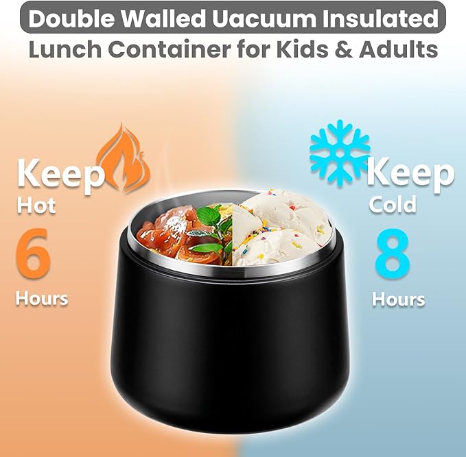 14oz Insulated Vacuum Food Jar with Buckle Lid,Soup Thermo for Hot Food Kids,Wide Mouth Leakproof Stainless Steel Lunch Container with Spoon-Black-CubbioJoy