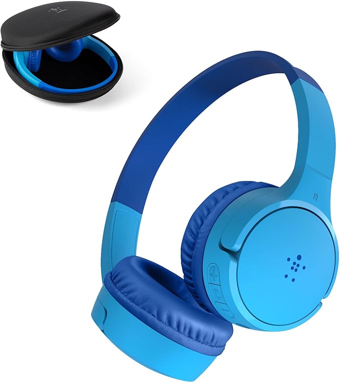 Belkin SoundForm Mini - Wireless Bluetooth Kids Headphones, 30H Battery, 85dB Safe Volume Limit, Built-in Microphone - Toddler On-Ear Earphones for iPhone, iPad - Ideal for School - Blue w/ Case-CubbioJoy