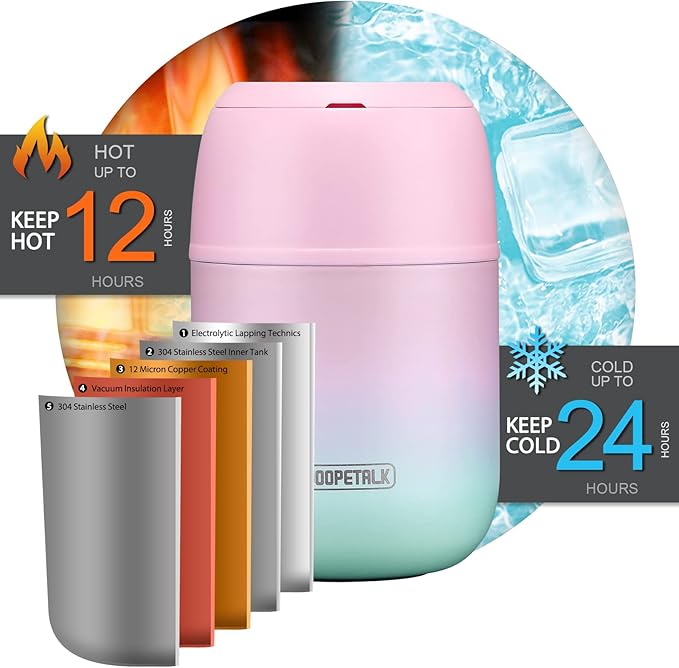 17 oz Insulated Lunch Containers Hot Food Jar, Wide Mouth Lunch Thermo for Kids Adults, Vacuum Stainless Steel Lunch Box With Handle Folding Spoon for School, Office (Blue-Pink)-CubbioJoy