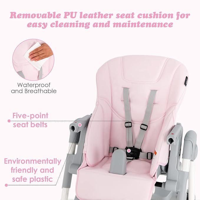 INFANS High Chair for Babies & Toddlers, Foldable Highchair with Multiple Adjustable Backrest, Footrest and Seat Height, Removable Tray, Detachable PU Leather Cushion, Built-in Rear Wheels (Pink)-CubbioJoy