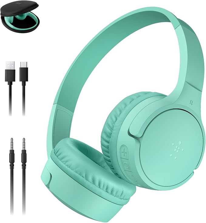 Belkin SoundForm Mini - Wireless Bluetooth Headphones for Kids with 30H Battery Life, 85dB Safe Volume Limit, Built-in Microphone - Kids On-Ear Earphones for iPhone, iPad, & More - Mint w/Case-CubbioJoy
