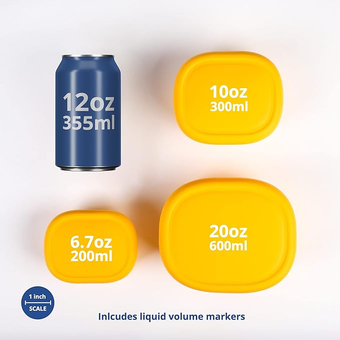 BLUE GINKGO Nesting Silicone Containers - Set of 3 Hard-Shell Silicone Food Storage Containers | BPA Free, Airtight, Dishwasher and Freezer Safe (6.7oz, 10oz, 20oz) - Yellow-CubbioJoy