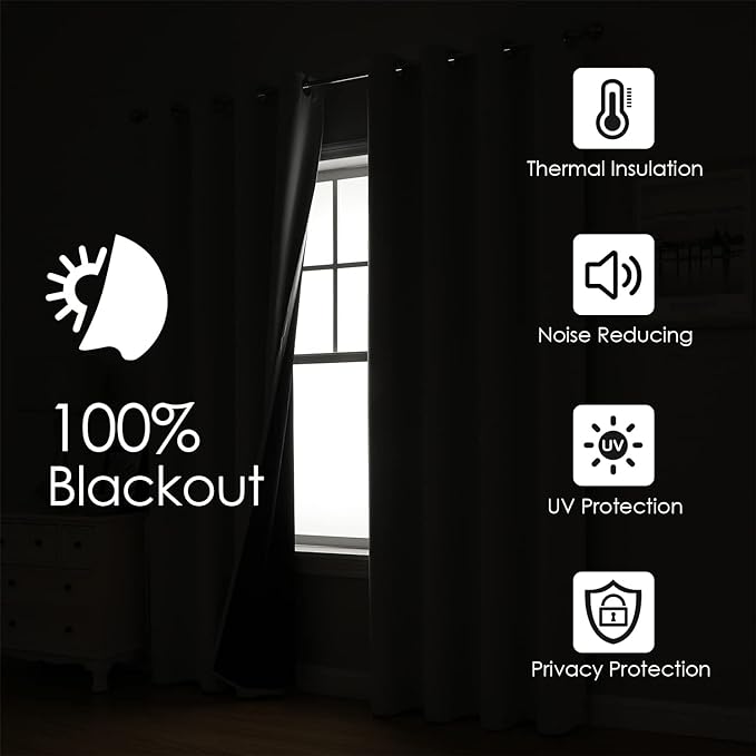 ChrisDowa 100% Blackout Curtains 80 inch Long for Bedroom with Black Liner, 2 Thick Layers Total Blackout Thermal Insulated Grommet Window Curtains 2 Panels Set (Greyish White, 52 x 80 Inch)-CubbioJoy