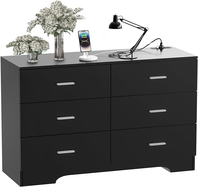 Dresser with Power Outlets Wooden 6 Drawer Dresser with USB and Type C Port Chest of Drawers for Bedroom Tall Black Organizer Storage for Living Room Hallway Closet-CubbioJoy
