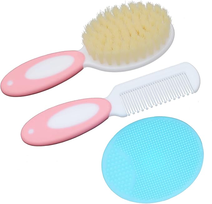 Baby Hair Brush &Silicone Baby Cradle Cap Brush Set, for Newborns & Toddlers-Natural Soft Goat Bristles-Ideal for Cradle Cap-Perfect Baby Registry Gift (Pink)-CubbioJoy