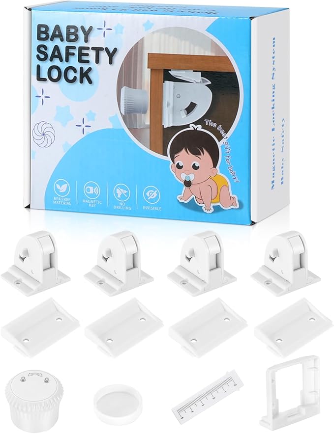4 Pack Magnetic Cabinet Locks for Child Safety, Drawer Locks Baby Proofing, Magnetic Door Safety Locks for Cabinets and Drawers, Easy Installation No Tools Required (4 Pack and 1 Keys)-CubbioJoy