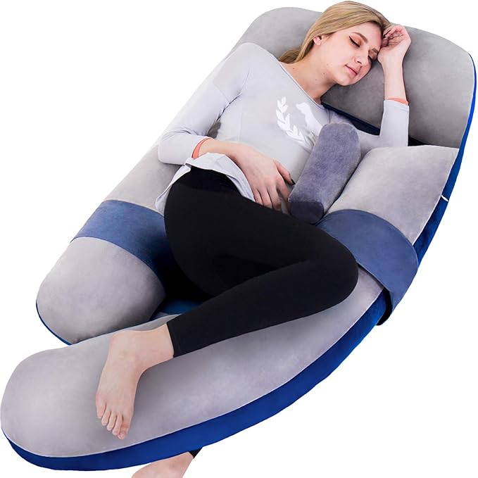 60in Full Body Pillow | Nursing, Maternity and Pregnancy Body Pillow | Awesling Extra Large U Shape Pillow and Lounger with Detachable Side, Separate Support Pillow and Removable Cover (Grey Blue)-CubbioJoy