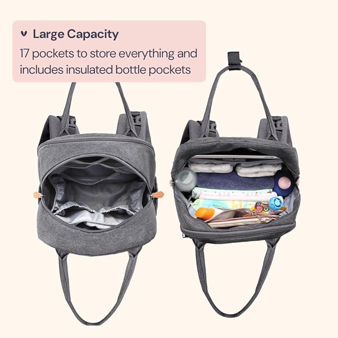 BabbleRoo Diaper Bag Backpack - Baby Essentials Travel Tote - Multi Function Waterproof Diaper Bag, Travel Essentials Baby Bag with Changing Pad, Stroller Straps & Pacifier Case - Unisex, Dark Gray-CubbioJoy