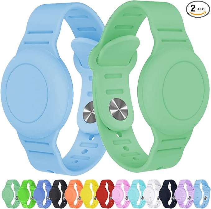 2 Pack Waterproof AirTag Bracelet for Kids, Hidden Silicone Wristband for AirTag, GPS Tracker Case for Air Tag Holder Strap Band for Child Toddler,Secure Anti-Loss Protection(Blue Matcha)-CubbioJoy