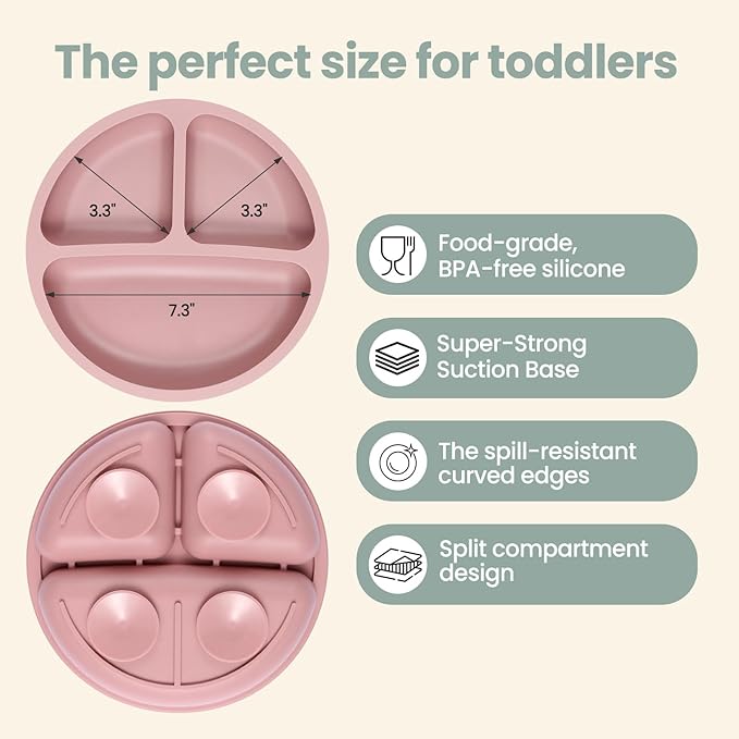 2 Pack Silicone Divided Baby Plates with Suction, 2 Pack Toddler Forks and Spoons Set, BPA Free, Baby Feeding Set for Toddler Utensils, Microwave and Dishwasher Safe-CubbioJoy