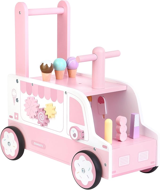 Asweets Wooden Baby Push and Pull Walker with Wheels, Learining Acticity Walker for Boys & Girls, Multiple Activities Center, Develops Motor Skills & Stimulates, 17.3''L x 9.1''W x 18.1''H-CubbioJoy